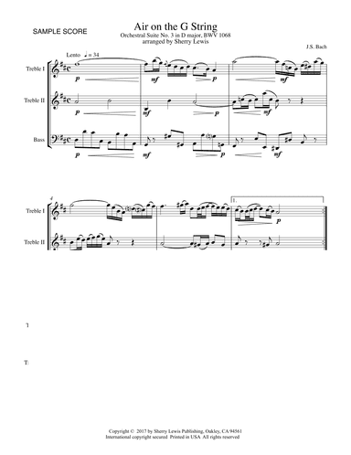 AIR ON THE G STRING, Intermediate Level for String Trio, Woodwind Trio, any combination of two trebl (arr. Sherry Lewis)