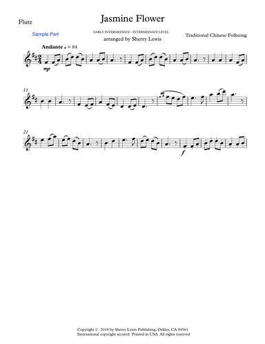 JASMINE FLOWER - Traditional Chinese Folk Song, Flute Solo, Intermediate Level (arr. Sherry Lewis)