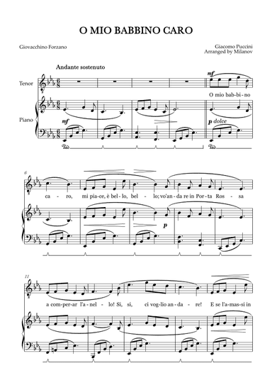 O Mio Babbino Caro | Male Voice Tenor | E-flat Major | Piano accompaniment | Pedal (arr. Milanov)