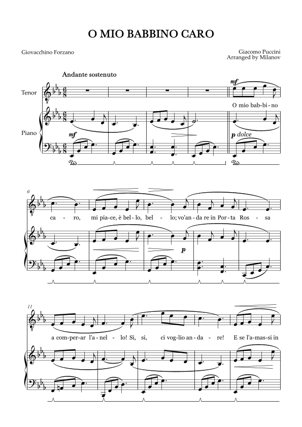 O Mio Babbino Caro | Male Voice Tenor | E-flat Major | Piano accompaniment | Pedal (arr. Milanov)