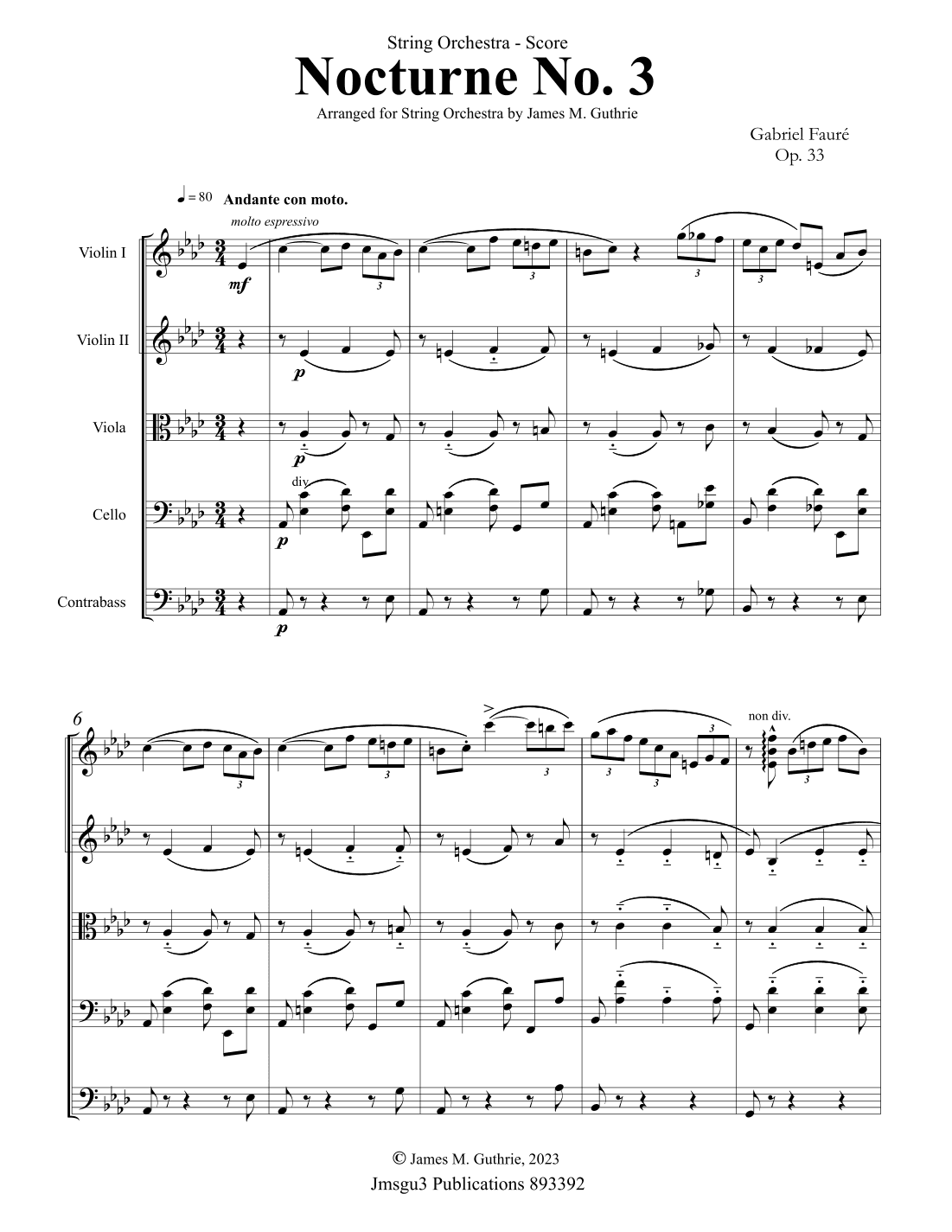 Fauré : Nocturne Op. 33 No. 3 for String Orchestra - Score Only (arr. James M. Guthrie)