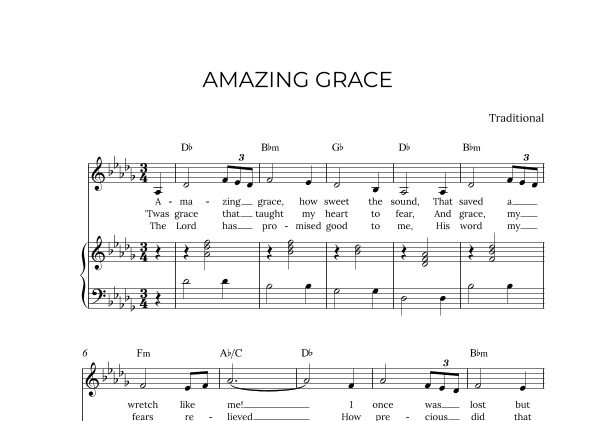 AMAZING GRACE - for piano and alto in Db major with chords (arr. Alex Nunes Rodrigues)