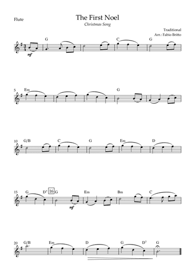 The First Noel (Christmas Song) for Flute Solo with Chords (arr. Fabio Britto)