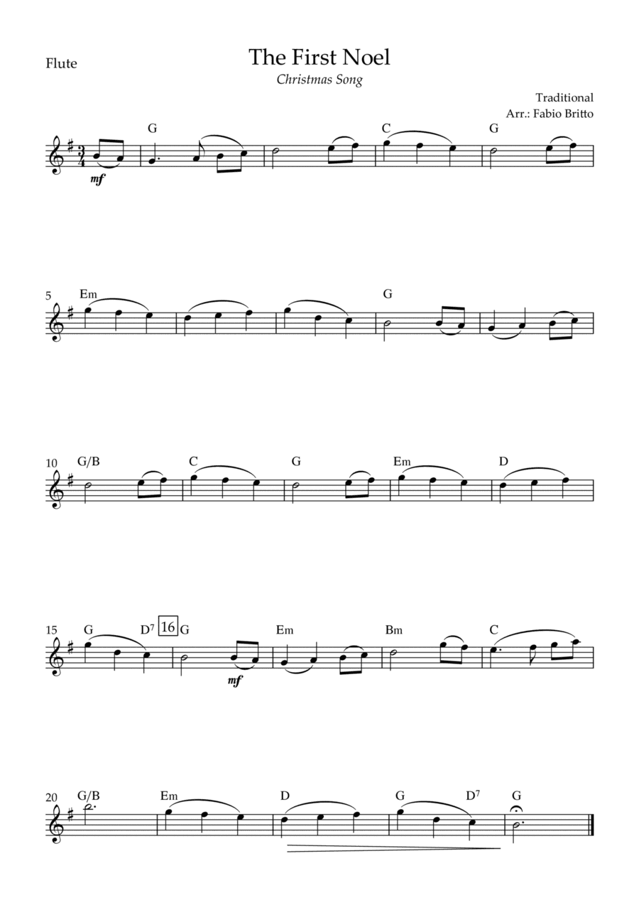 The First Noel (Christmas Song) for Flute Solo with Chords (arr. Fabio Britto)