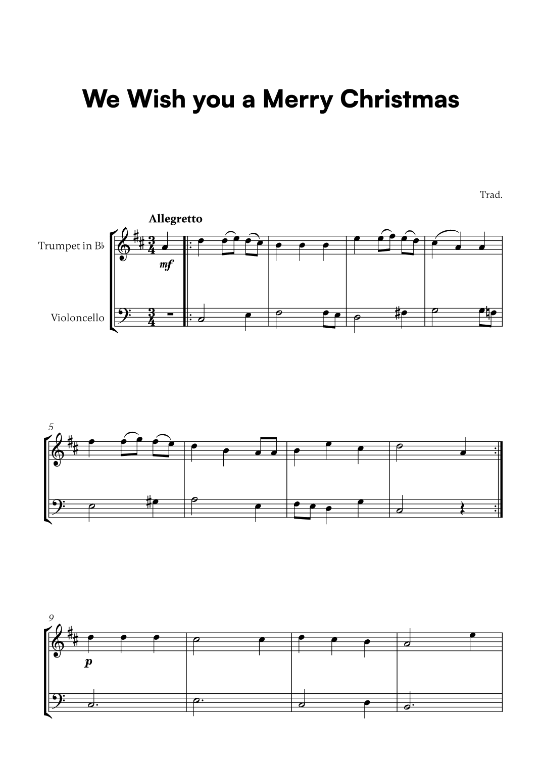 Trad. - We Wish you a Merry Christmas (for Trumpet in Bb and Cello) (arr. Cadenza Editions)