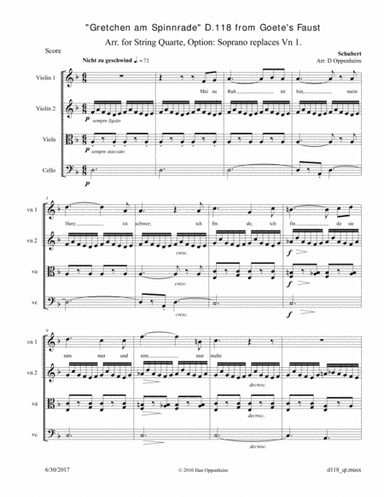 Schubert: "Gretchen am Spinnrade" D 118 from Goete's Faust. Arr. for String Quartet. Option: Soprano (arr. D Oppenheim)