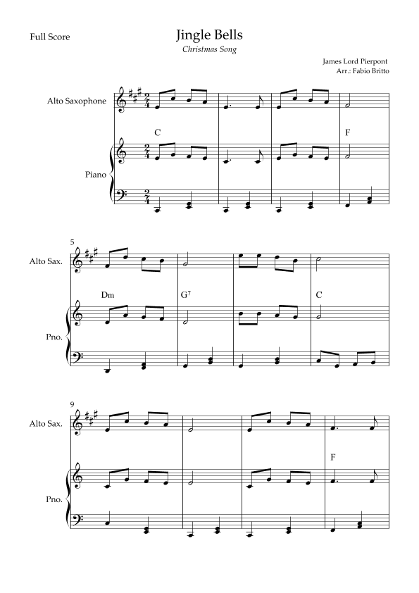 Jingle Bells (Christmas Song) for Alto Saxophone Solo and Piano Accompaniment with Chords (arr. Fabio Britto)