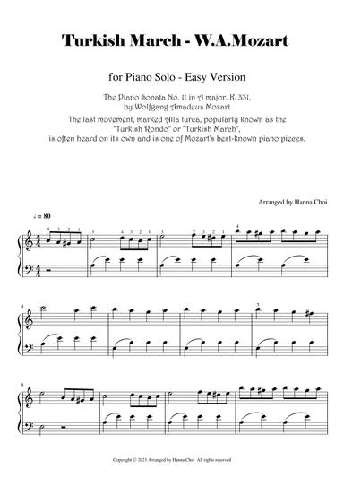 Turkish March- Mozart  [for Piano Solo/ Easy Level] (arr. Hanna Choi)
