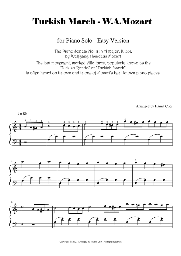 Turkish March- Mozart  [for Piano Solo/ Easy Level] (arr. Hanna Choi)