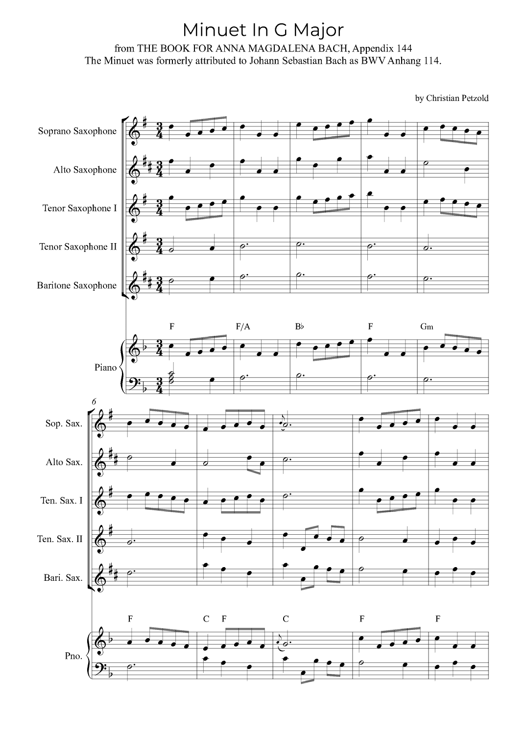 Minuet In G Major (with piano and chords) (arr. Alex Nunes Rodrigues)