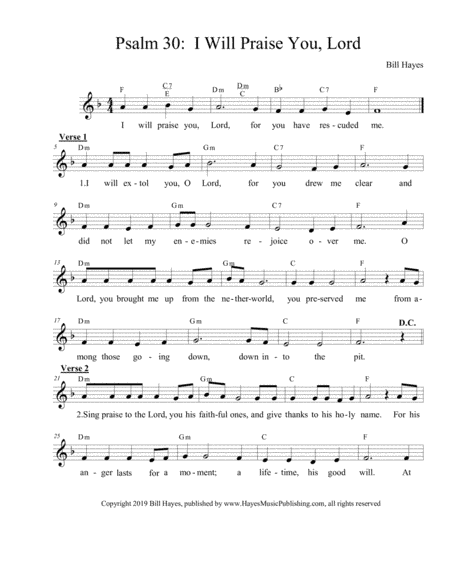 Psalm 30:  I Will Praise You, Lord (Easter Vigil, 4th psalm, leadsheet)