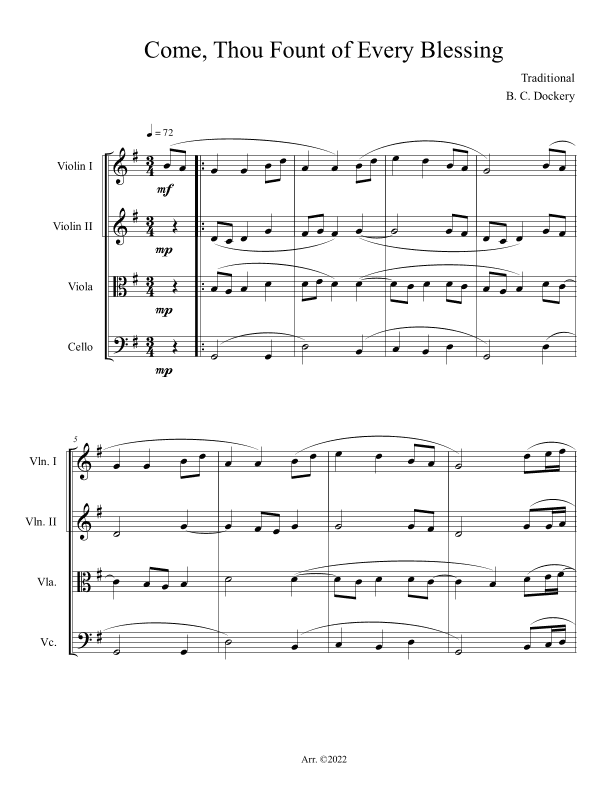 Come, Thou Fount of Every Blessing (String Quartet) (arr. B. C. Dockery)