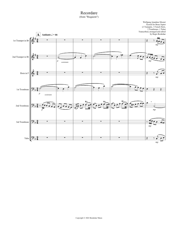 Recordare (from "Requiem") (F) (Brass Septet - 2 Trp, 1 Hrn, 3 Trb, 1 Tuba) (arr. Regis Bookshar)