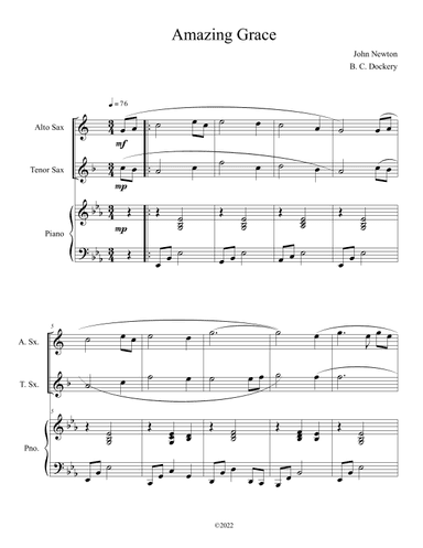 Amazing Grace (Alto and Tenor Sax Duet with Piano Accompaniment) (arr. B. C. Dockery)