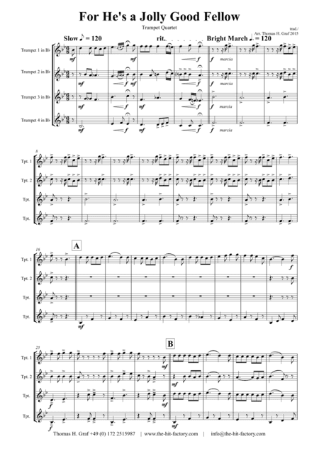 For He's a Jolly Good Fellow - Folk Song and Toast  - Trumpet Quartet (arr. Thomas H. Graf)