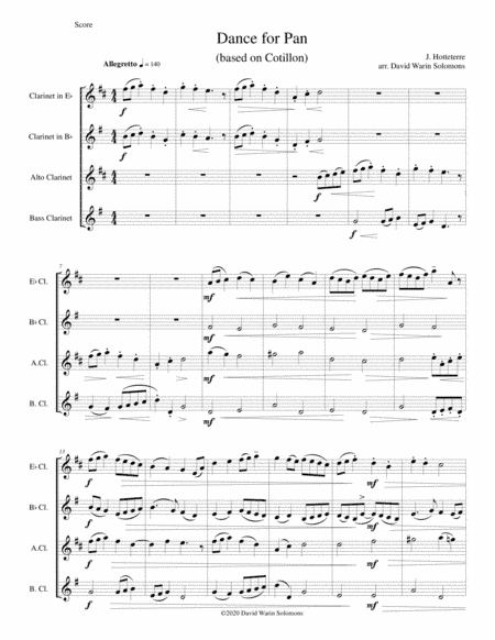 Dance for Pan (based on Cotillon) for clarinet quartet (E flat, B flat, Alto, Bass) (arr. David Warin Solomons)
