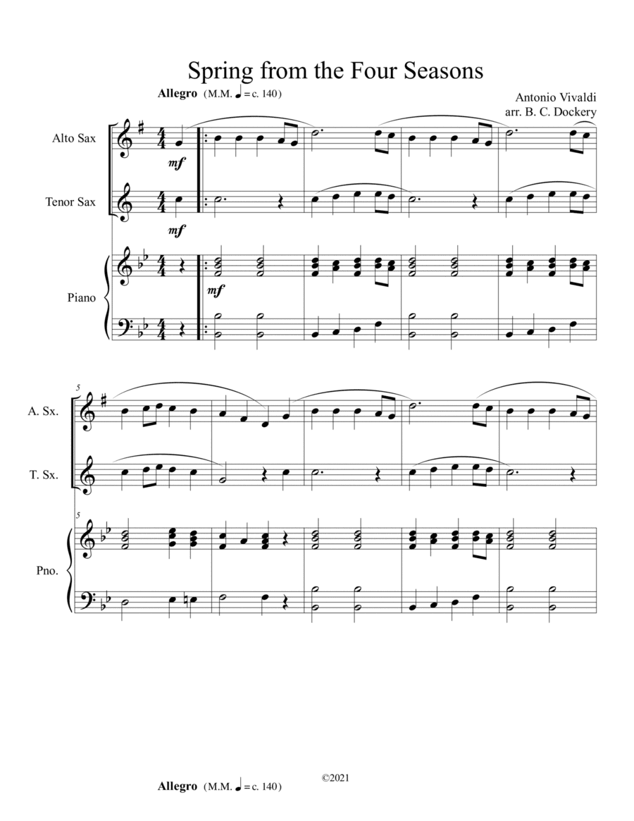 Spring from the Four Seasons (Alto and Tenor Sax Duet) with piano accompaniment (arr. B. C. Dockery)