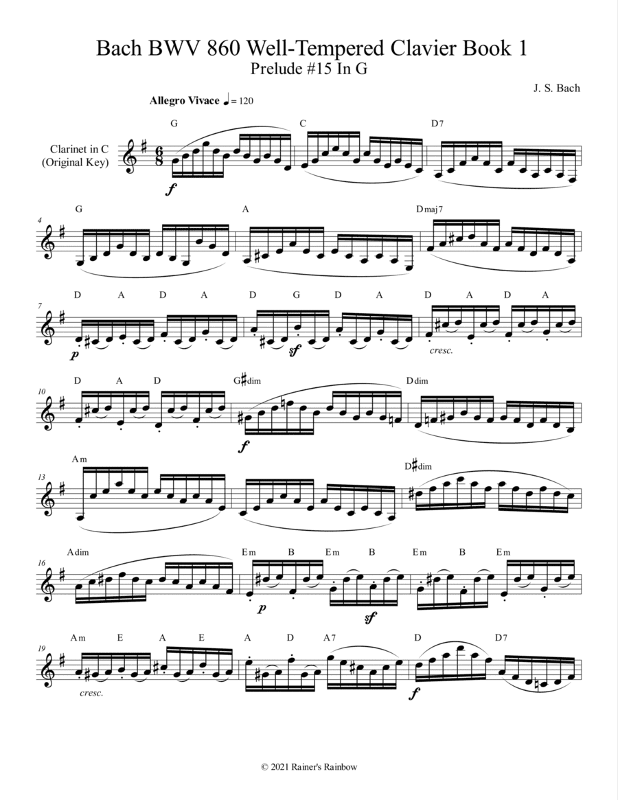 Bach BWV 860 Well Tempered Clavier Prelude 15 In G As a Clarinet Technical Study (arr. R G Roth)