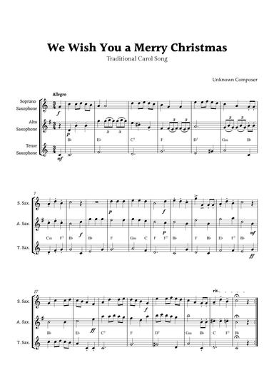 We Wish you a Merry Christmas for Sax Ensemble Trio with Chords (arr. Rika K.)