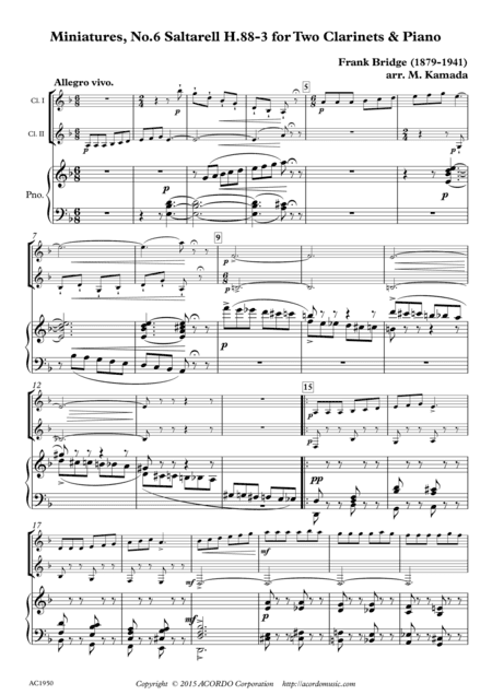 Miniatures, No.6 Saltarell H.88-3 for Two Clarinets & Piano (arr. Mikio Kamada)