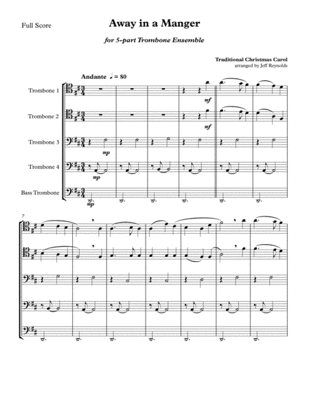 Traditional Christmas Carol - Away In A Manger for 5-part Trombone Ensemble (arr. Jeff Reynolds)