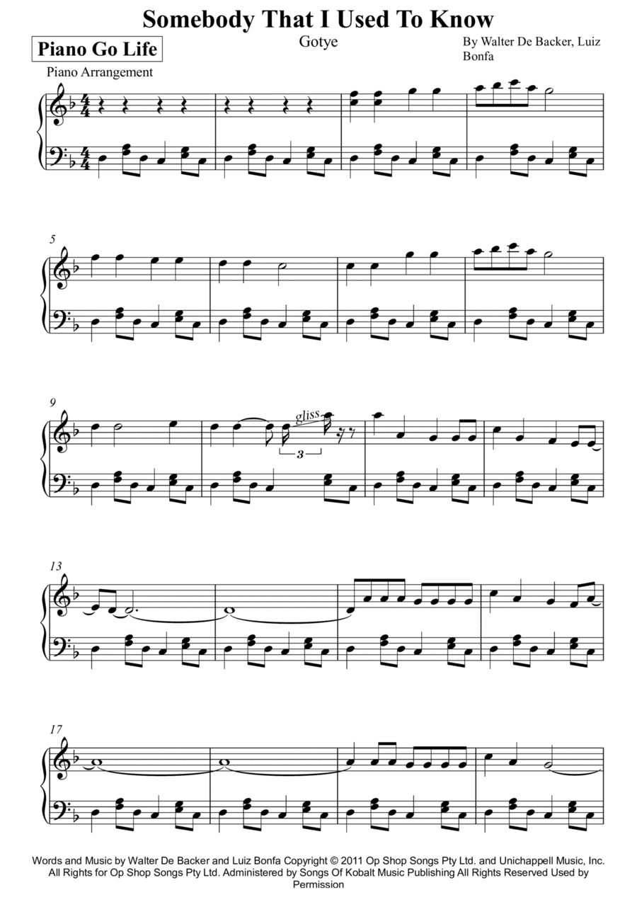 Somebody That I Used To Know (arr. Piano Go Life)
