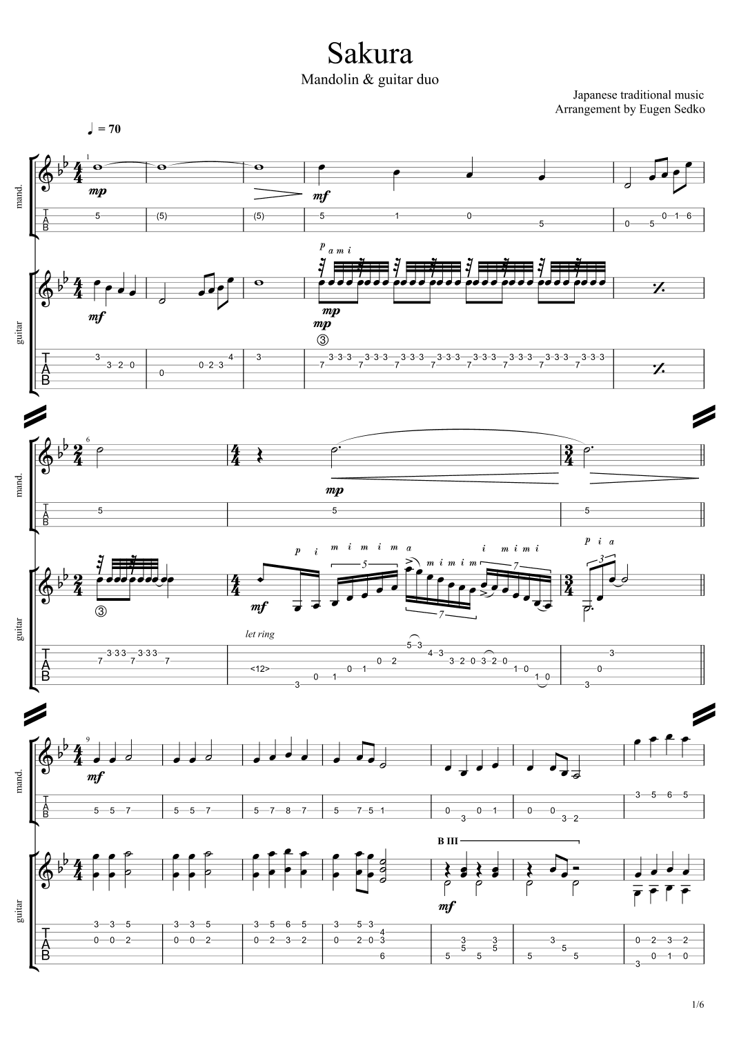 Sakura / さくら Mandolin and guitar arrangement マンドリンとギターのための楽譜 (arr. Eugen Sedko)