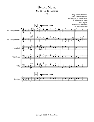 Heroic Music - No. 12. La Rejouissance (Eb) (Brass Quintet - 2 Trp, 1 Hrn, 1 Trb, 1 Tuba, Timp) (arr. Regis Bookshar)
