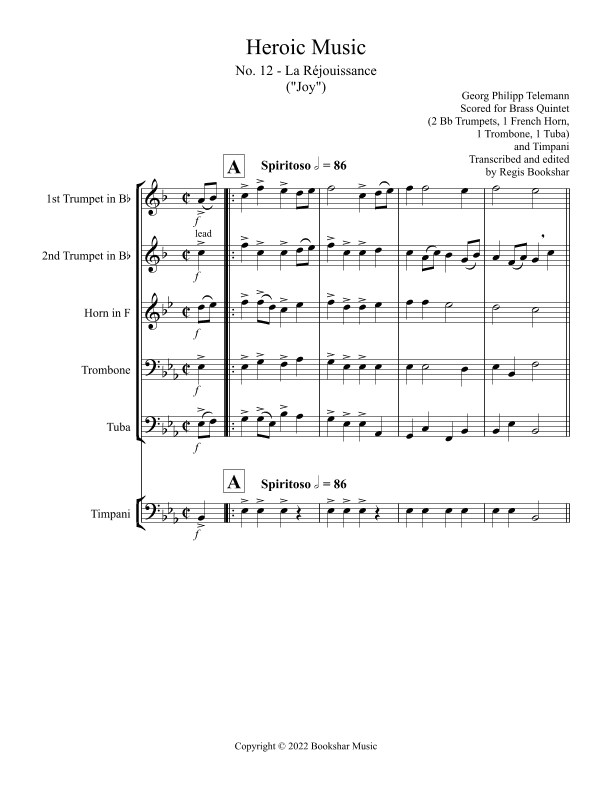 Heroic Music - No. 12. La Rejouissance (Eb) (Brass Quintet - 2 Trp, 1 Hrn, 1 Trb, 1 Tuba, Timp) (arr. Regis Bookshar)