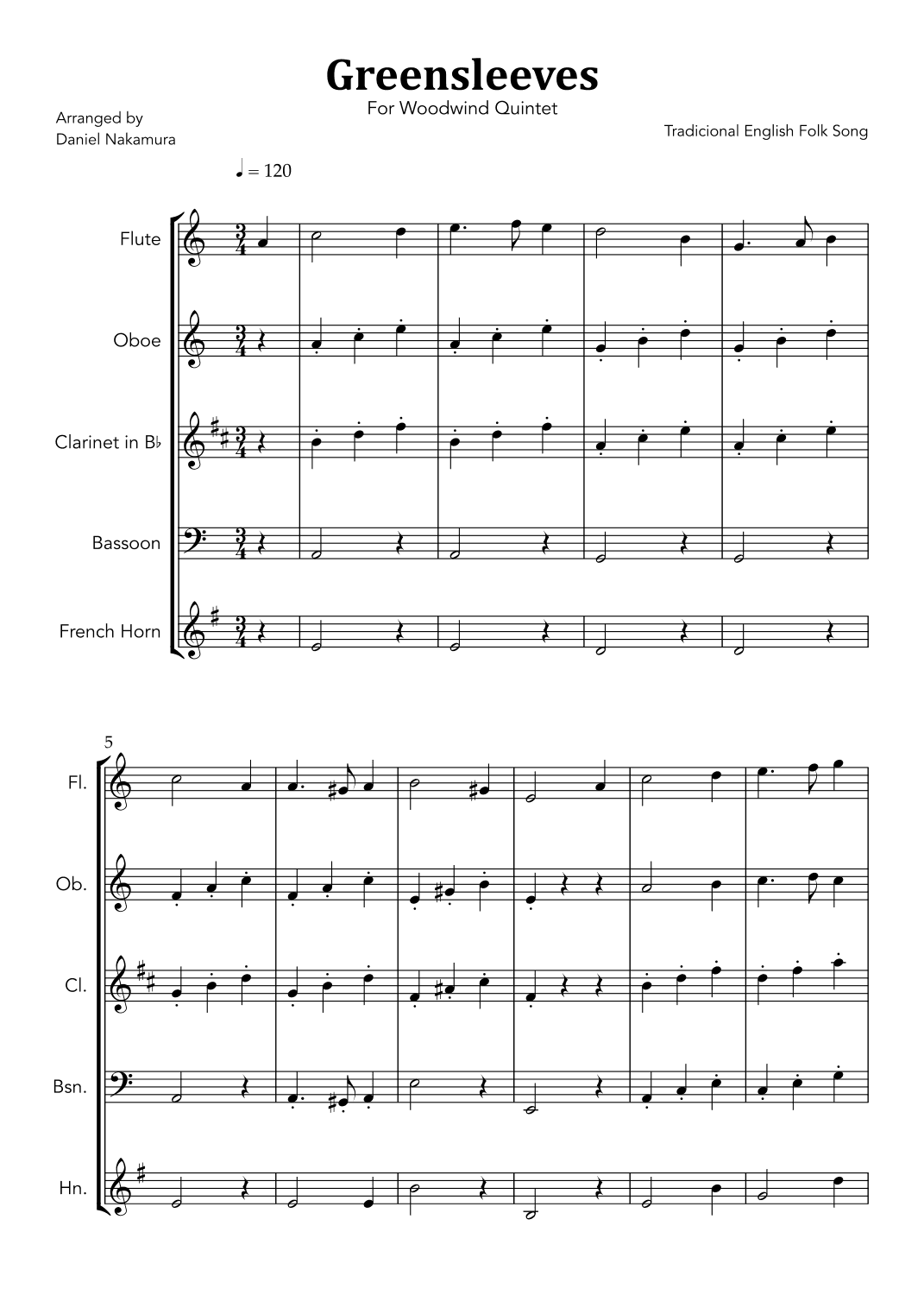 Greensleeves (for Woodwind Quintet) (arr. Daniel Nakamura)