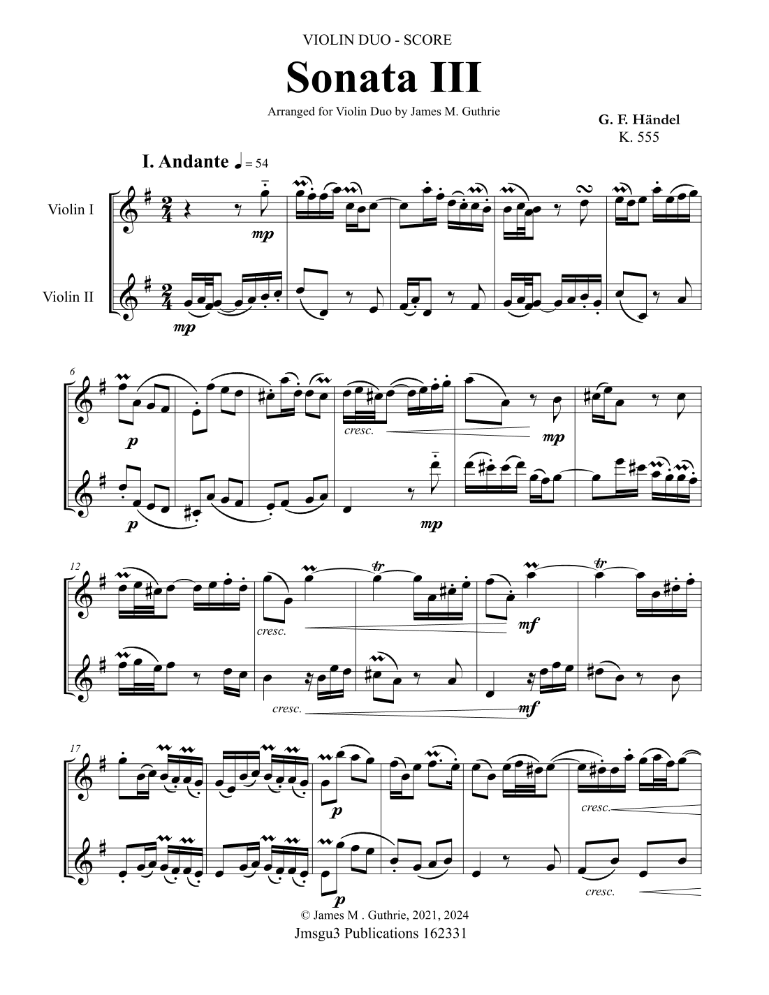 Handel: Sonata No. 3 for Violin Duo (arr. James M. Guthrie)