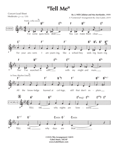 Tell Me - lead sheet/arrangement - Bing Crosby/Doris Day/Burl Ives/ODJB (arr. Dan Gabel)