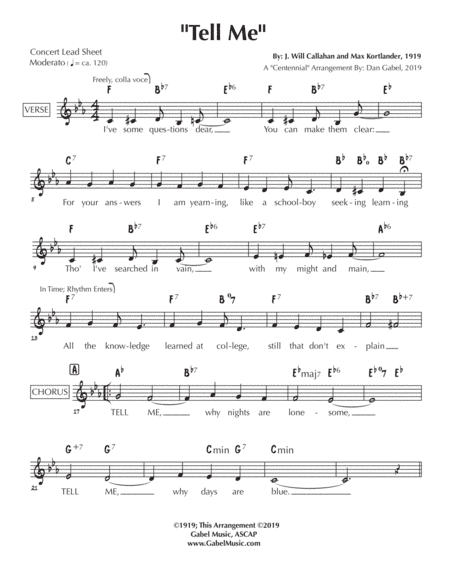 Tell Me - lead sheet/arrangement - Bing Crosby/Doris Day/Burl Ives/ODJB (arr. Dan Gabel)