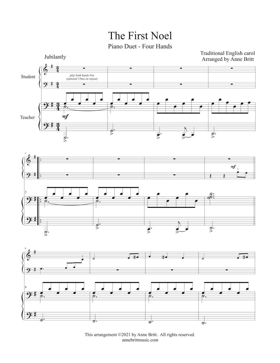 The First Noel (elementary student/teacher piano duet) (arr. Anne Britt)