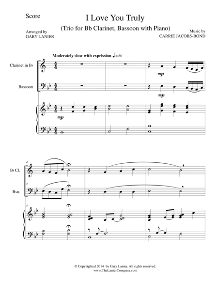 I LOVE YOU TRULY (Trio – Bb Clarinet, Bassoon, and Piano with Score and Parts) (arr. Gary Lanier)