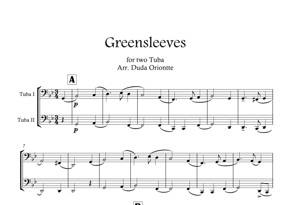 Greensleeves (Green Leeves) TUBA DUO. (English folk music, broadside) BEGINNER (arr. Duda Oriontte)