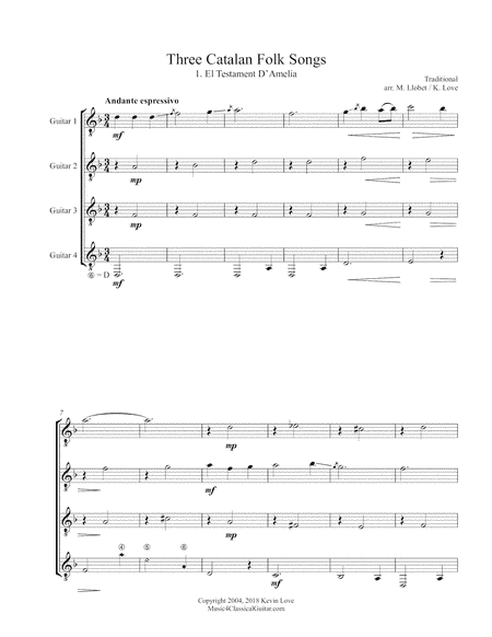 Three Catalan Folk Songs (Guitar Quartet) - Score and Parts (arr. Miguel Llobet, Kevin Love)