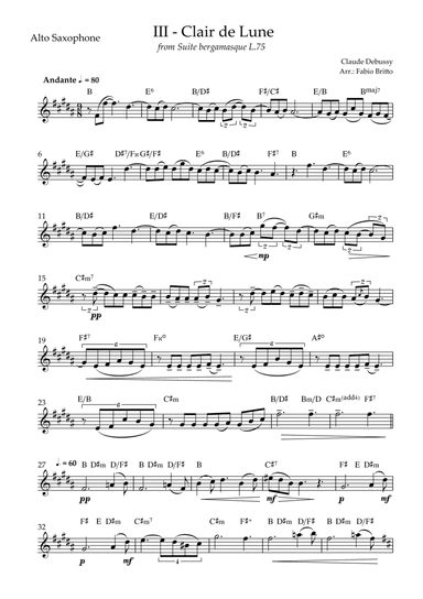 Clair de Lune (C. Debussy) for Alto Saxophone Solo with Chords (D Major) (arr. Fabio Britto)