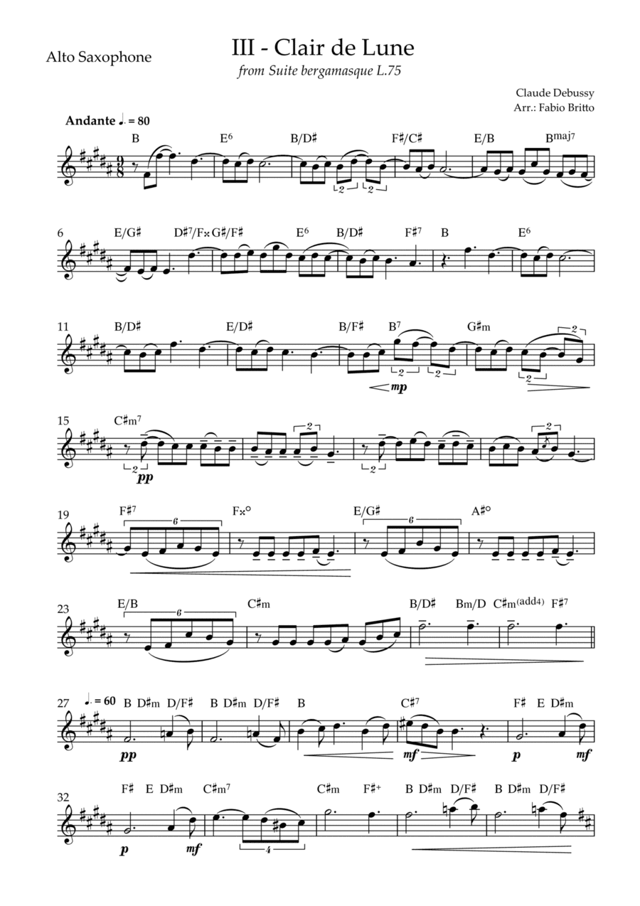Clair de Lune (C. Debussy) for Alto Saxophone Solo with Chords (D Major) (arr. Fabio Britto)