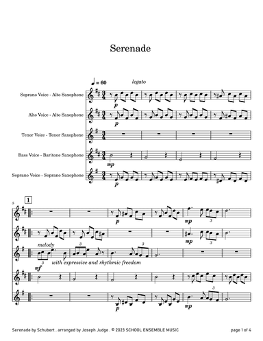 Serenade by Schubert for Saxophone Quartet in Schools (arr. Joseph Judge)