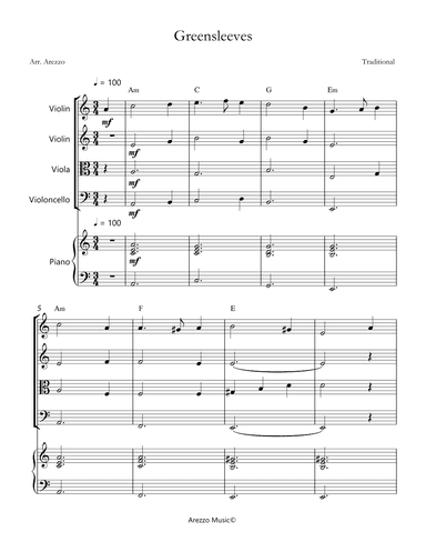 greensleeves for string quartet with chords symbols and piano sheet music (arr. Arezzo Music)