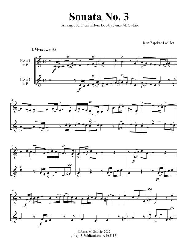 Loeillet: Sonata No. 3 for French Horn Duo (arr. James M. Guthrie)