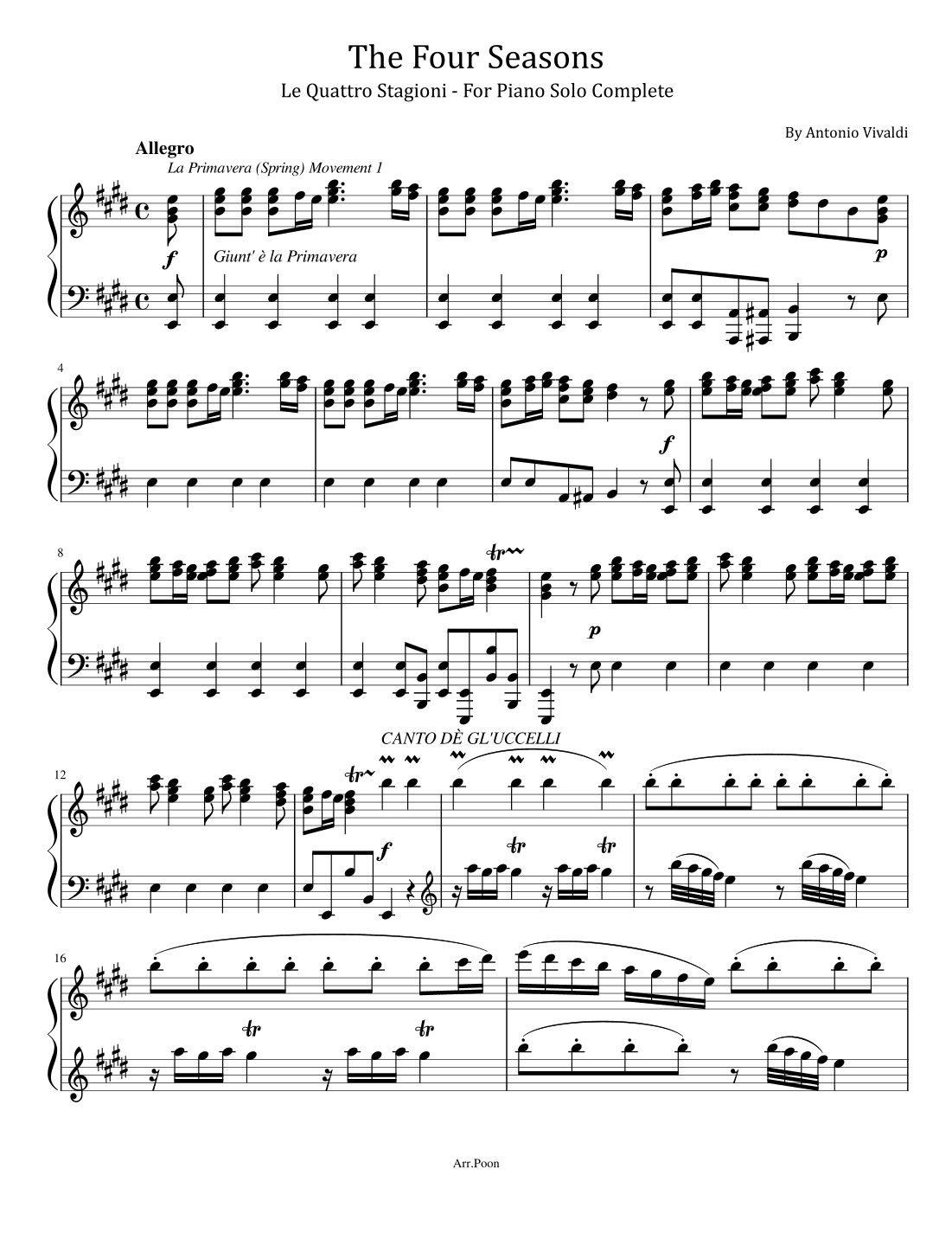 Vivaldi - The Four Seasons - Le Quattro Stagioni  - For Piano Solo Complete (arr. poon)