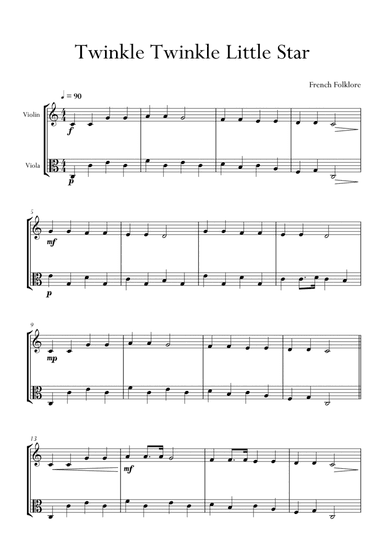 Twinkle Twinkle Little Star in C Major for Violin and Viola Duo. Easy. (arr. Matheus Araújo)