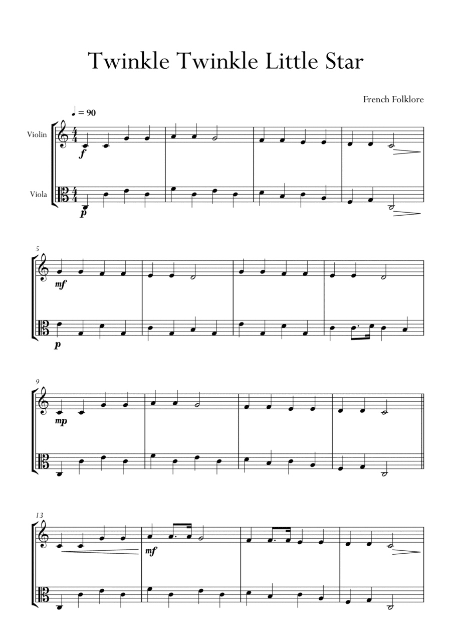 Twinkle Twinkle Little Star in C Major for Violin and Viola Duo. Easy. (arr. Matheus Araújo)