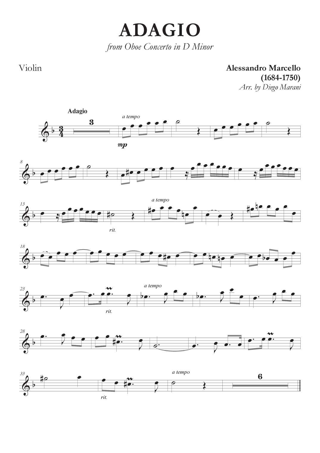 Marcello's Adagio for Violin and Piano (arr. Diego Marani)