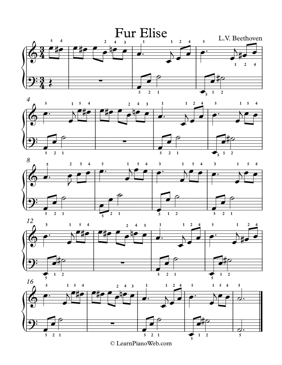 Fur Elise, Bagatelle No.25 in A minor - Easy Piano (arr. LearnPianoWeb.com)