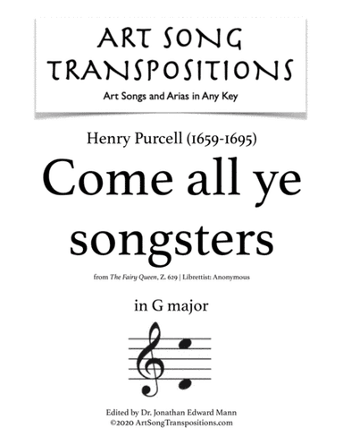 PURCELL: Come all ye songsters (transposed to G major) (arr. ArtSongTranspositions.com)