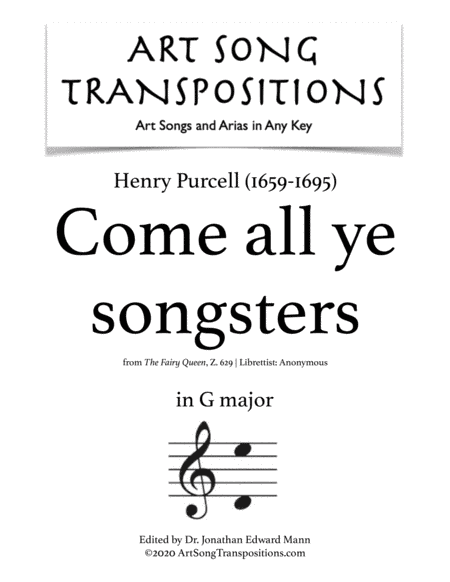 PURCELL: Come all ye songsters (transposed to G major) (arr. ArtSongTranspositions.com)