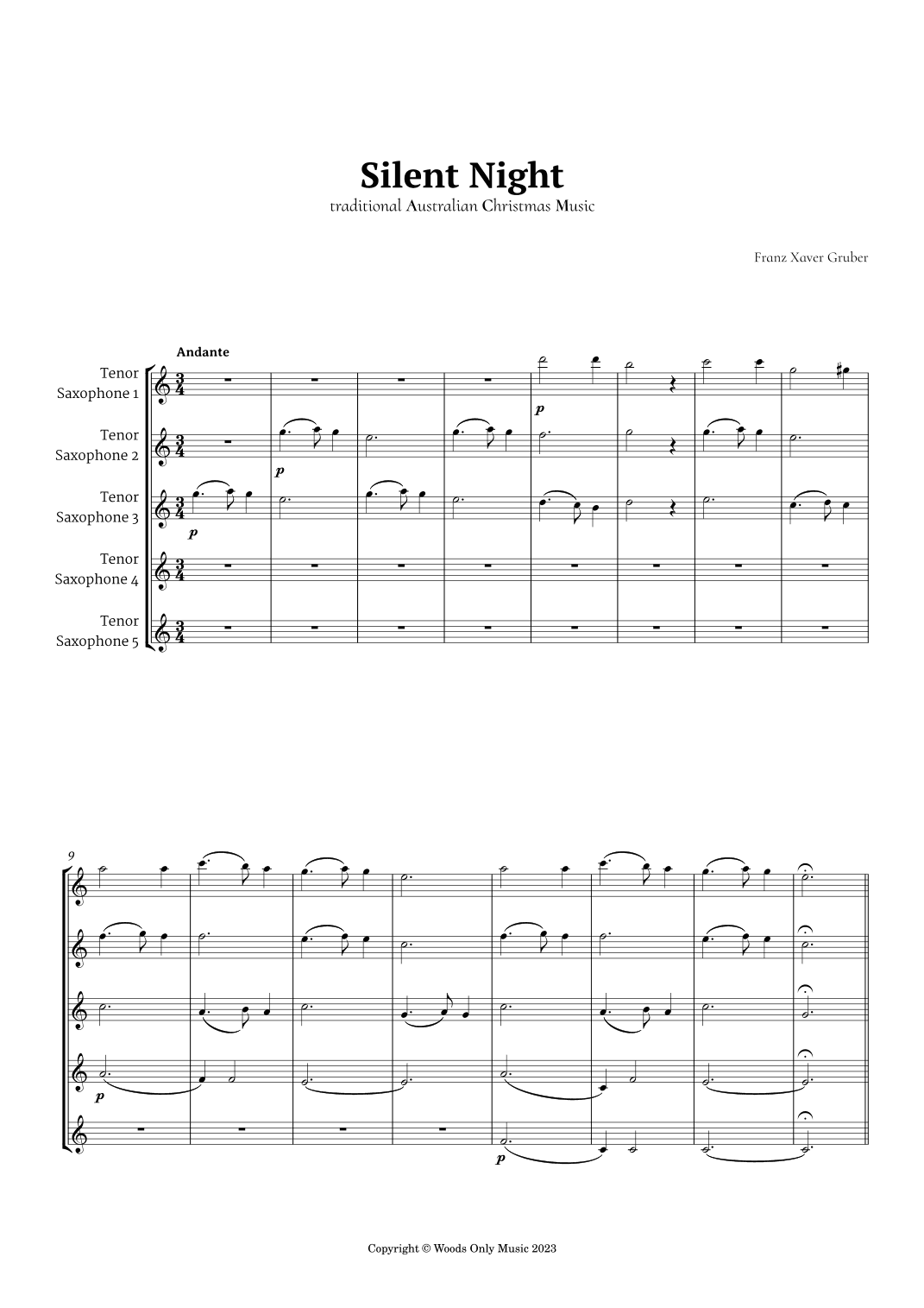 Silent Night by Franz Gruber for Tenor Sax Quintet (arr. Ander)